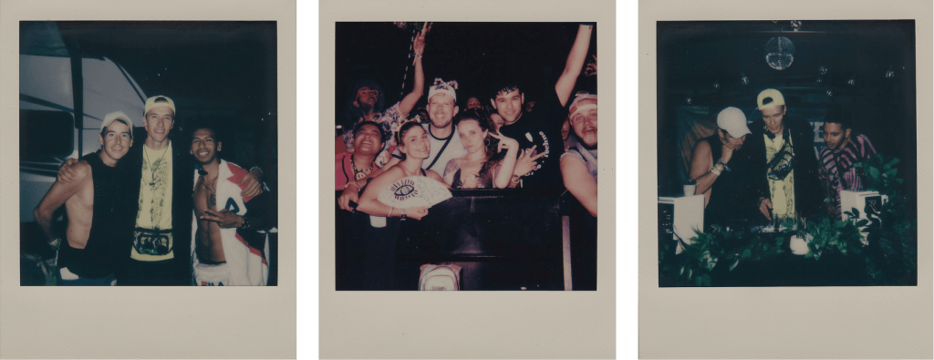 Three instant photos of friends at Groove Garden parties.
