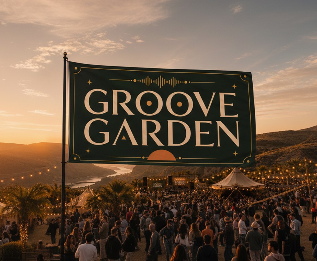 Groove Garden flag flying over a festival crowd at sunset.